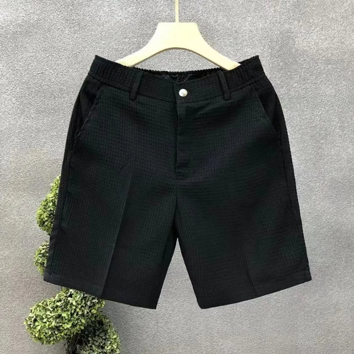 Men's thin cropped straight-leg trousers in black, high elasticity mid waist summer pants
