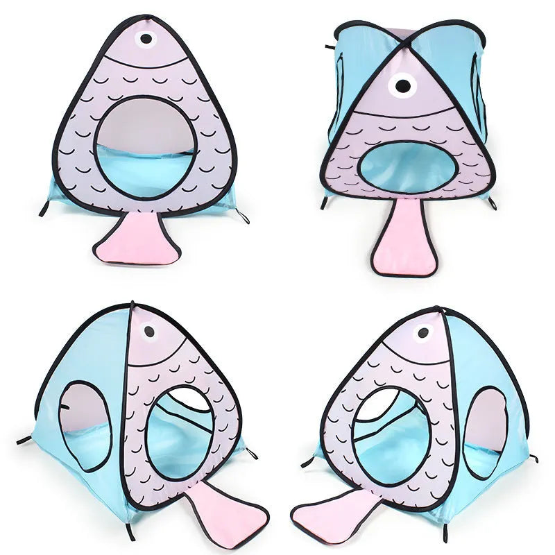 Foldable grey cat tent and tunnel play set with cat and fish illustrations.