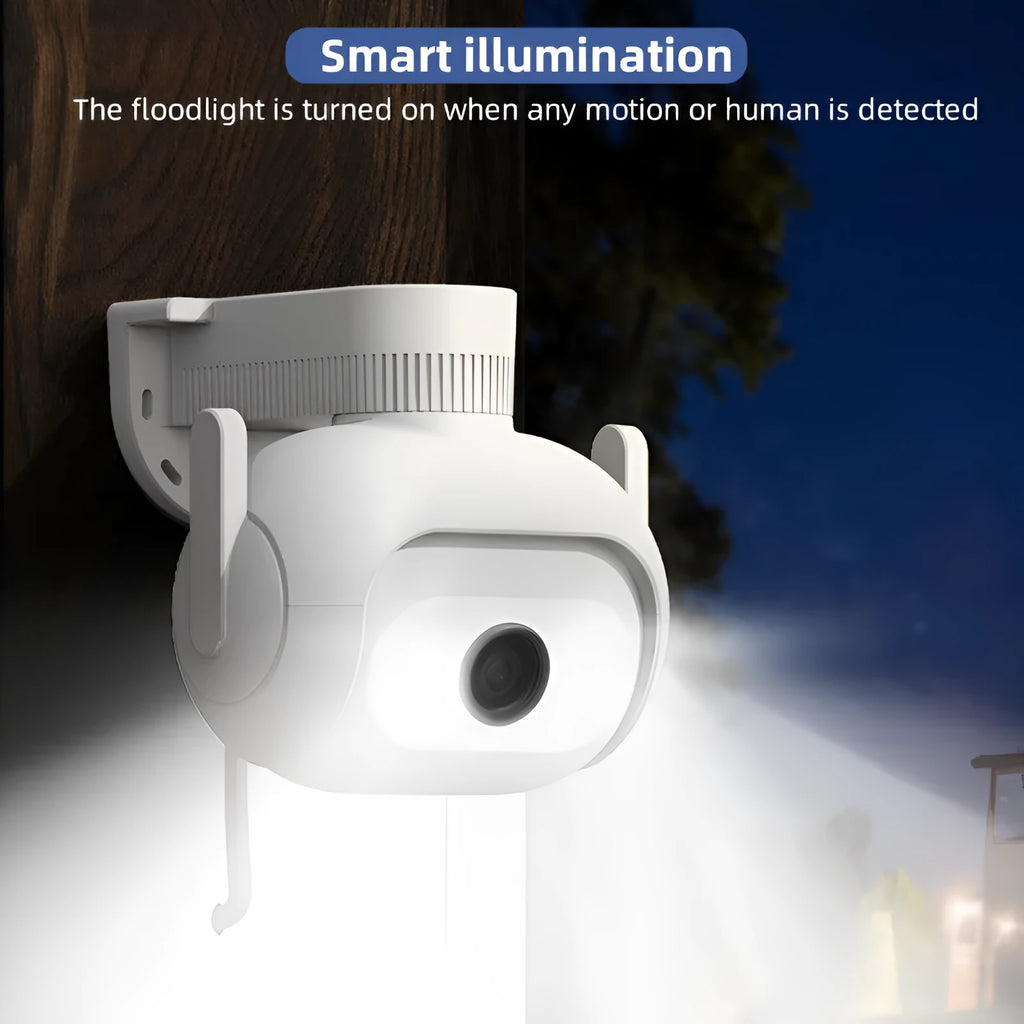 IMILAB EC5 outdoor security camera with floodlight, 360° rotation, and white housing