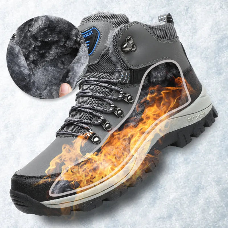 Men's winter snow boots in black, grey, or khaki with plush lining, lace-up front, and TPR sole.