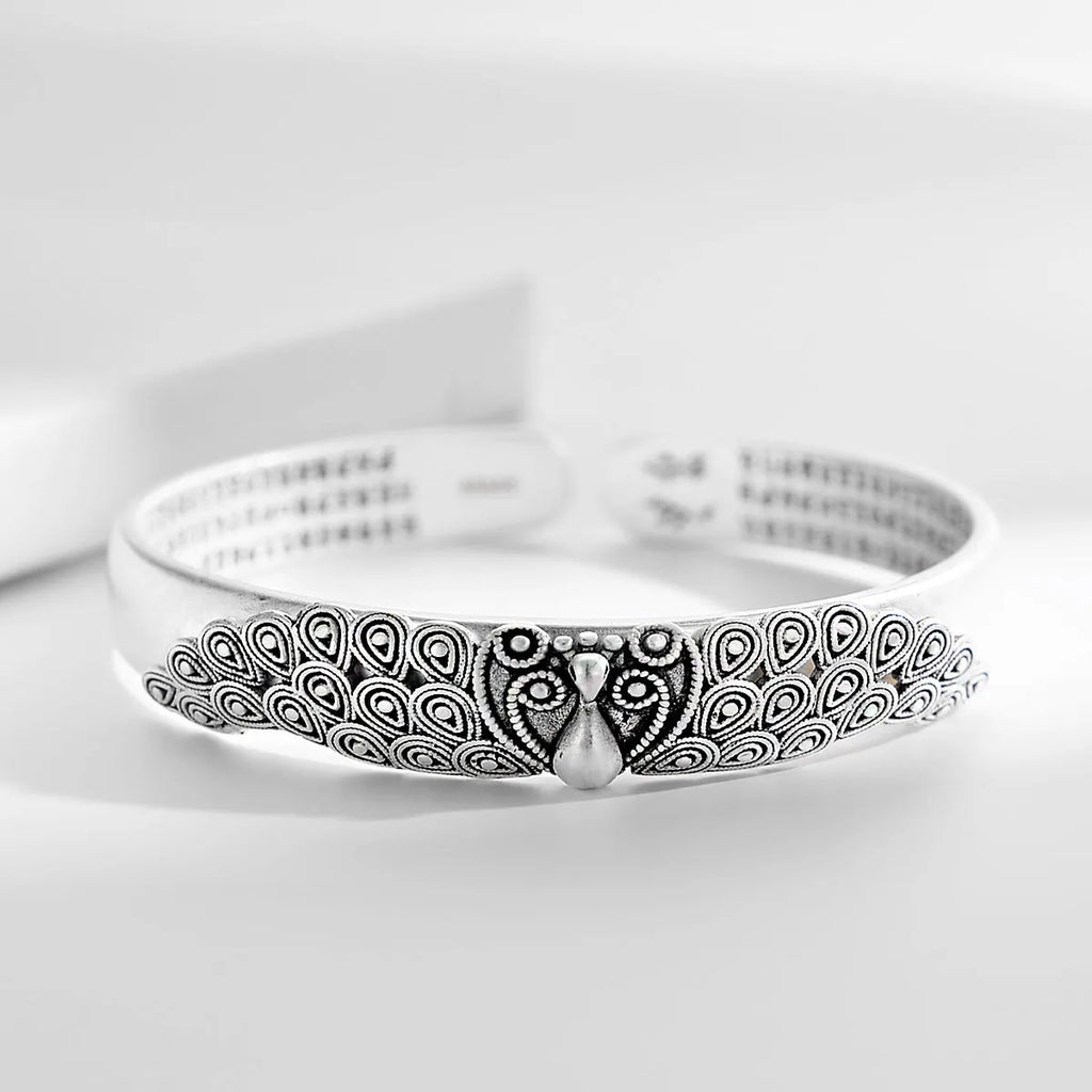 Antique copper plated silver bracelet with white copper base and peacock open screen design for women