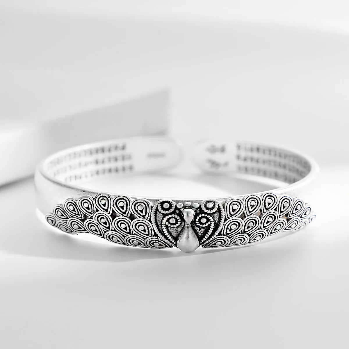 Antique copper plated silver bracelet with white copper base and peacock open screen design for women
