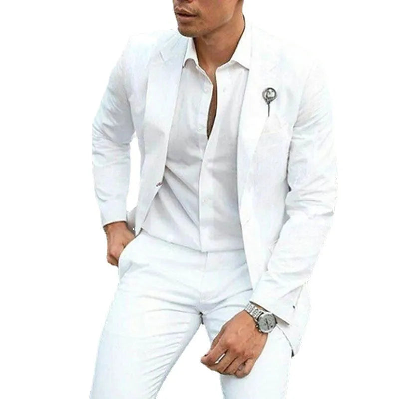White cotton two-piece men's suit with slim fit design for wedding groomsman clothing
