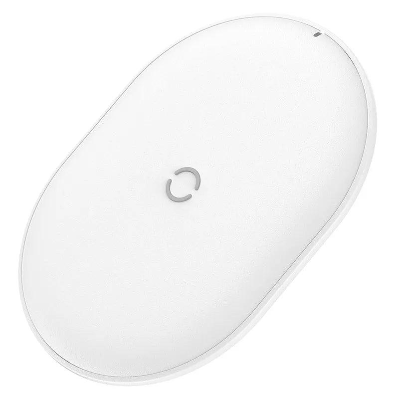 Black 15W wireless charging pad with Type-C port and LED indicator light on textured surface