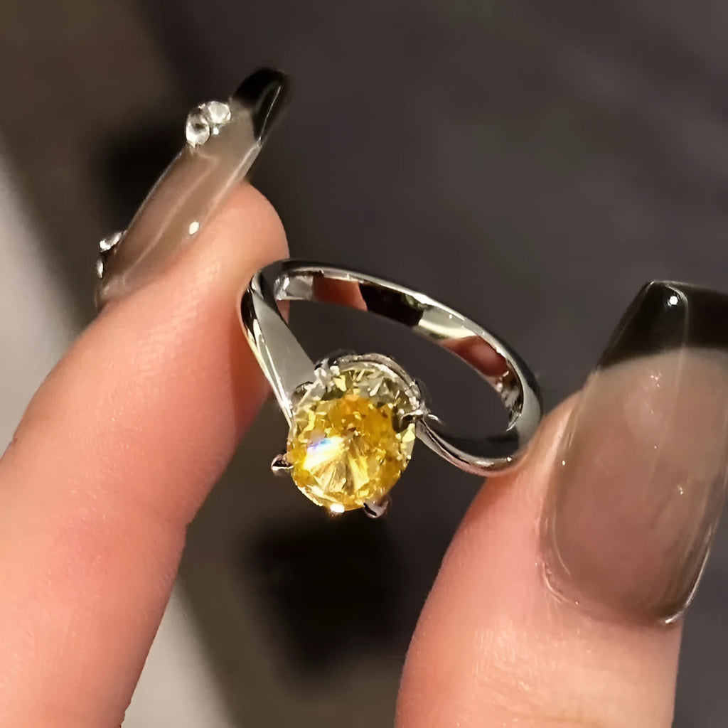 Women's yellow rock sugar crystal ring in copper with Seiko treatment showing band and distinctive colour design