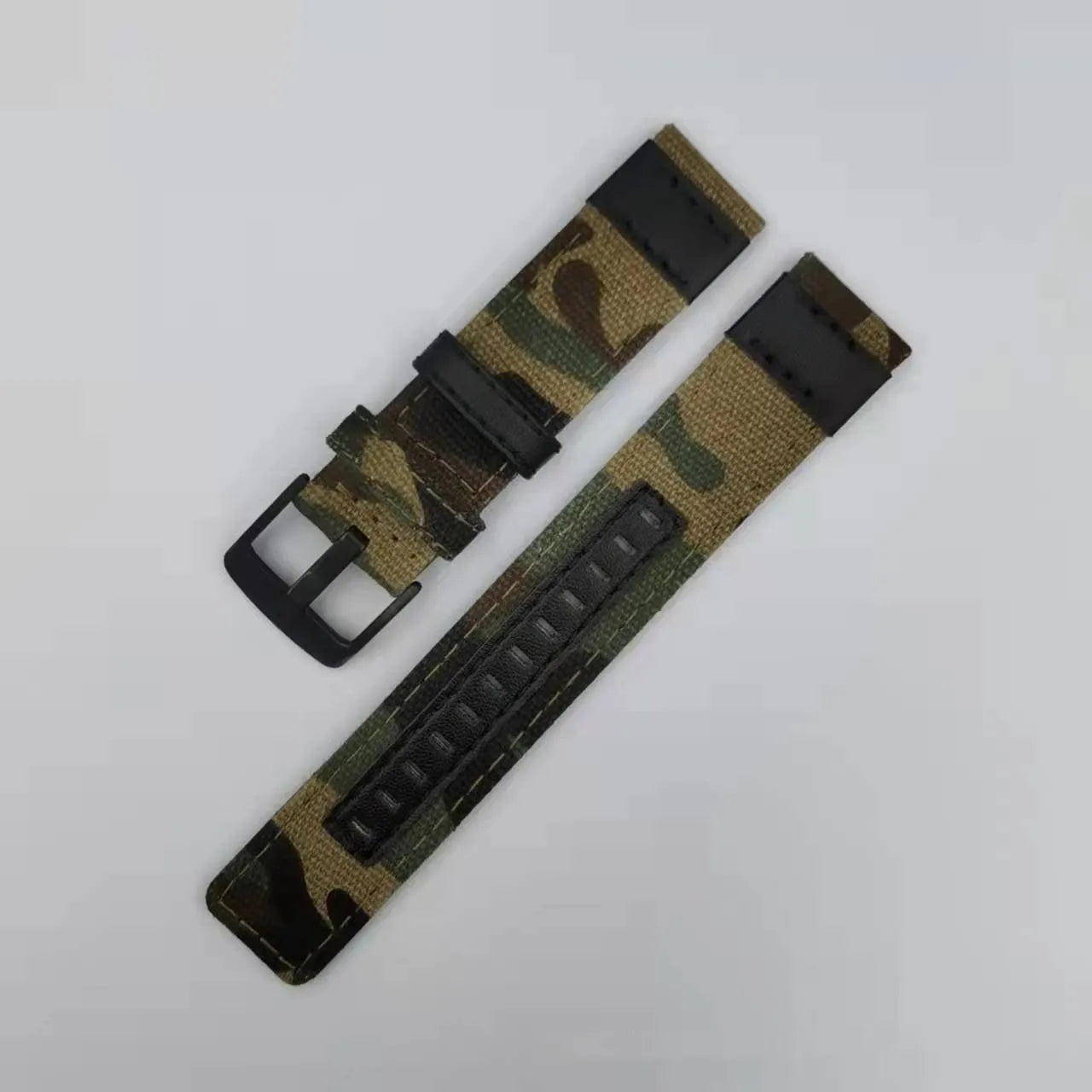 Oxford cloth canvas watch strap shown in army green, with sizing options of 20mm, 22mm, and 24mm widths.