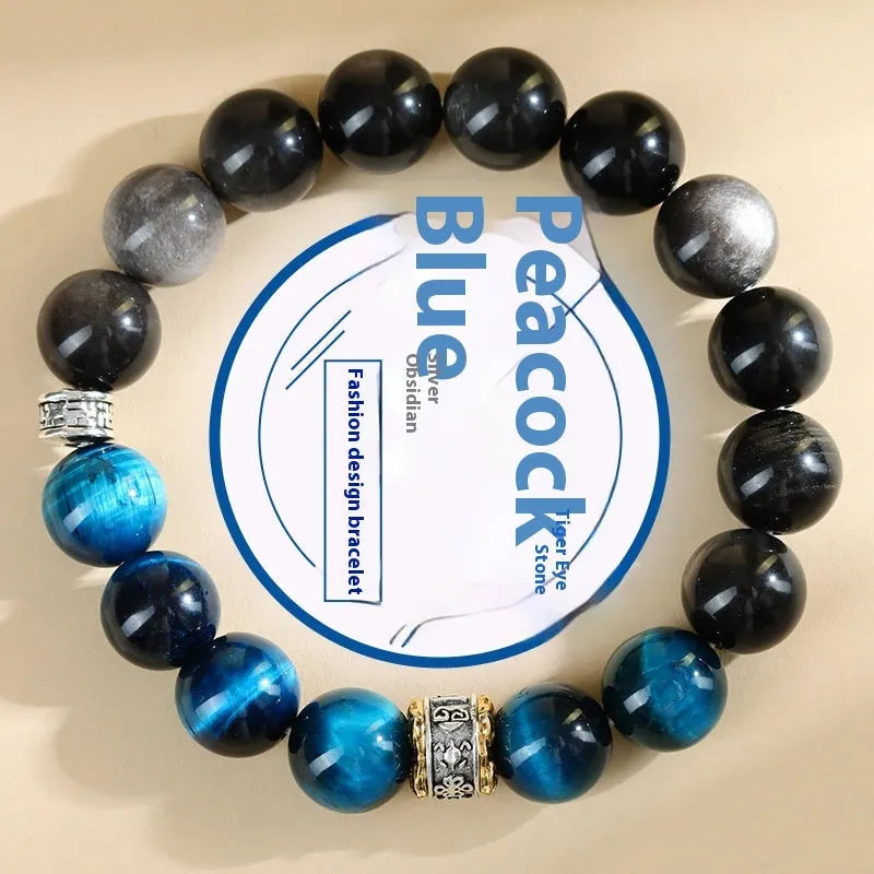 Peacock blue Tigereye stone bracelet with geometric ethnic design on wrist