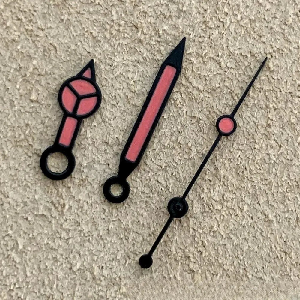 Set of three luminous watch hands with black edge green finish, sizes 7.5mm, 12mm and 12.5mm, for NH35 NH36 4R 7S movements