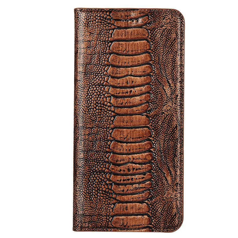 Genuine leather flip phone case for iPhone with embossed texture and magnetic closure