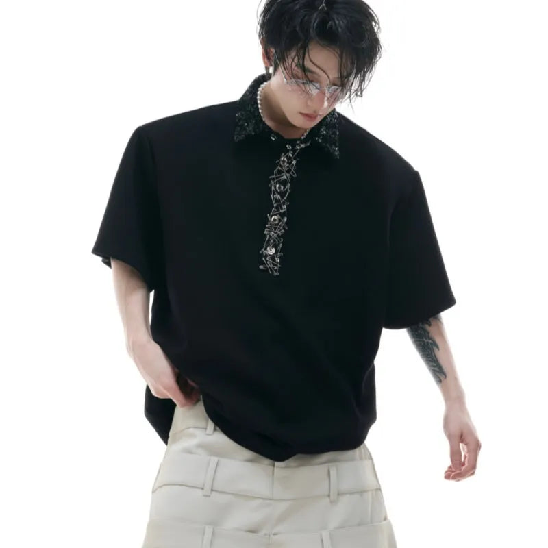 Men's black loose polo shirt with embroidered sequin square collar and short sleeves