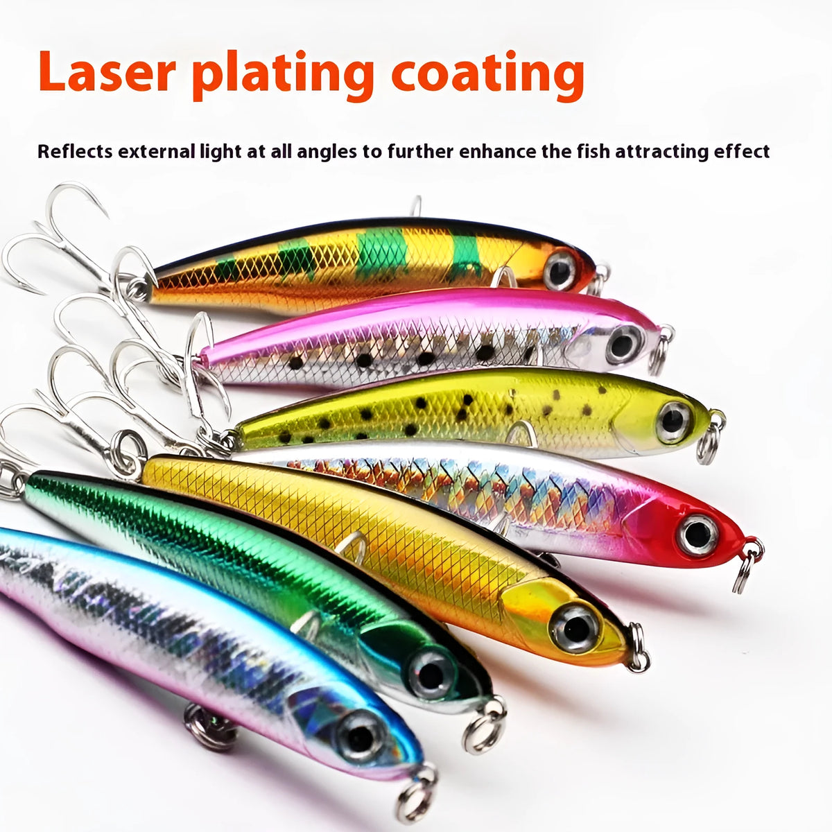 Small silver fish pencil bait lure set with double hooks, five pieces and box, 3.5g to 13g