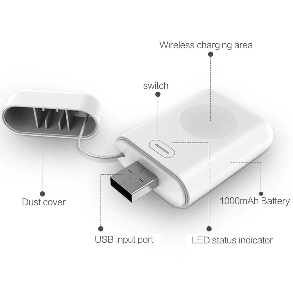 White wireless magnetic portable charger power bank for Apple Watch next to a watch