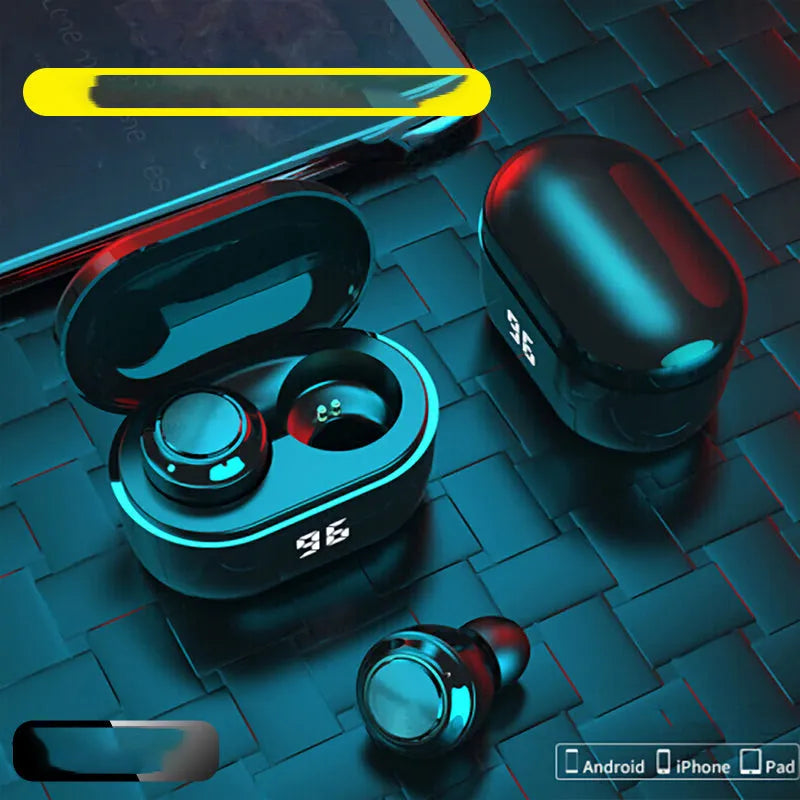 Black wireless stereo Bluetooth in-ear headphones with earplug design for hands-free calls and music.