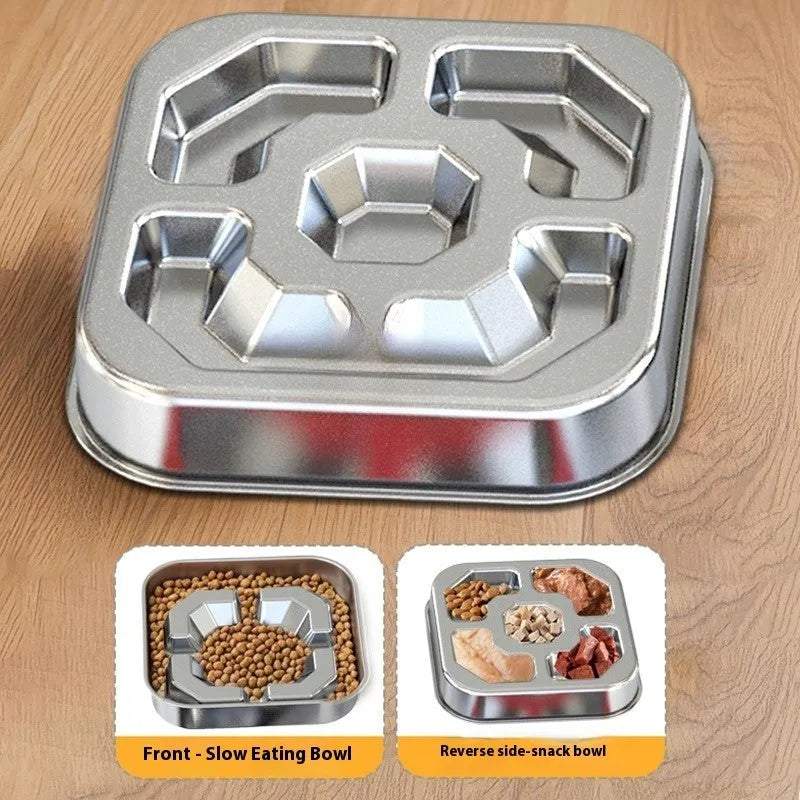 Square stainless steel slow feeding pet bowl in Bone Square and Square Model specifications for dogs and cats