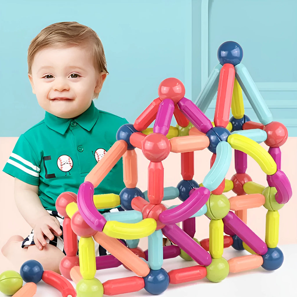 Magnetic building blocks set with 25-64 colourful ABS plastic pieces in a box