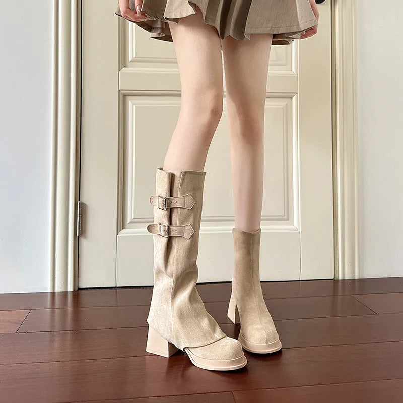 Removable pile style boots in apricot suede with chunky heel and platform, high leg shaft