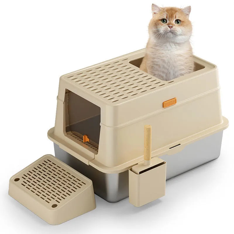 Grey enclosed cat litter box with foot pedal for hands-free opening.