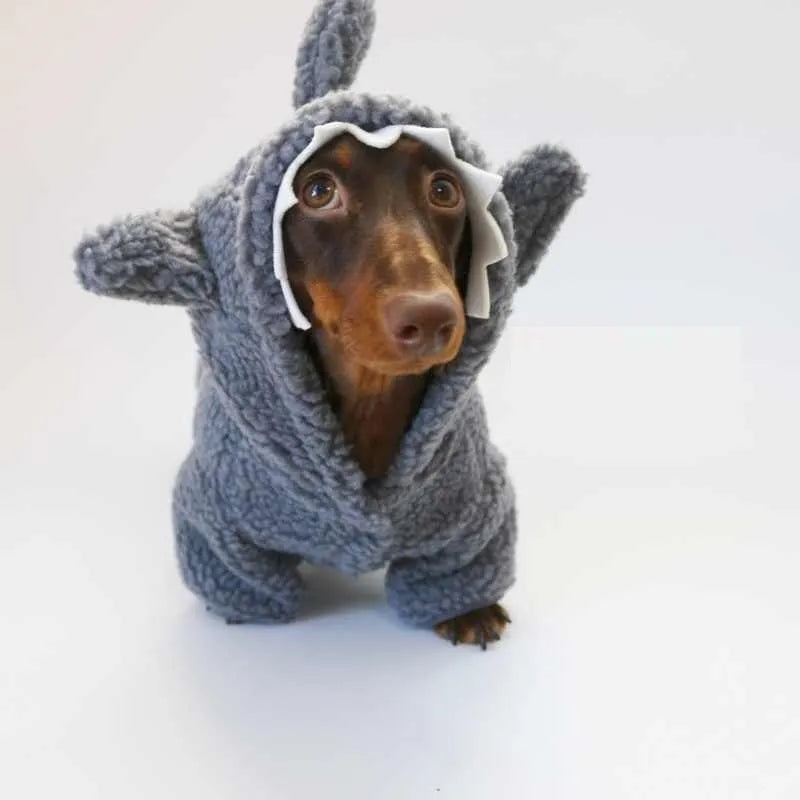 Winter fleece-lined grey hooded shark sweater for small dog or cat