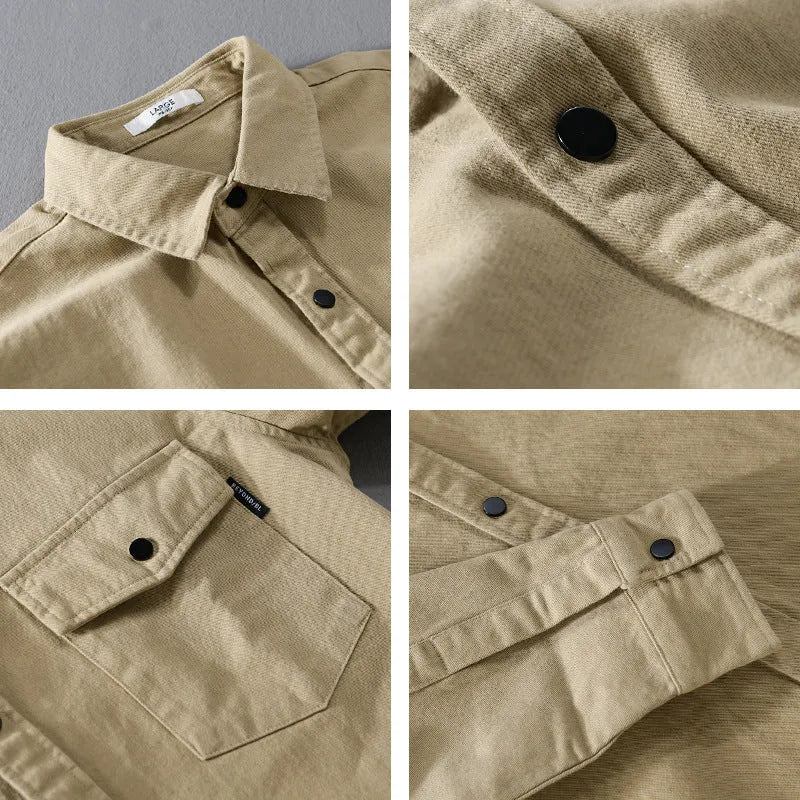 Men's long sleeve cotton cardigan work shirt in green, American retro style, front view