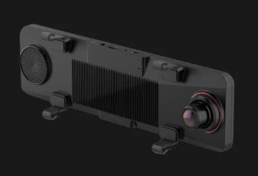 Black rearview mirror style dashboard camera with dual lenses for front and rear recording and a touch screen display.