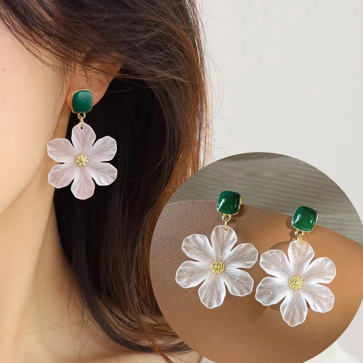 Dark green alloy stud earrings with needle flowers design for women