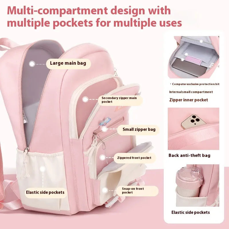 A girls' school backpack in Oxford cloth, featuring curved shoulder straps, shown in a choice of colours including pink, blue, and black.