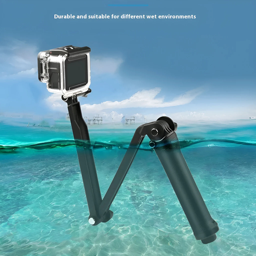 Black portable folding tripod for GoPro action cameras with collapsed storage design