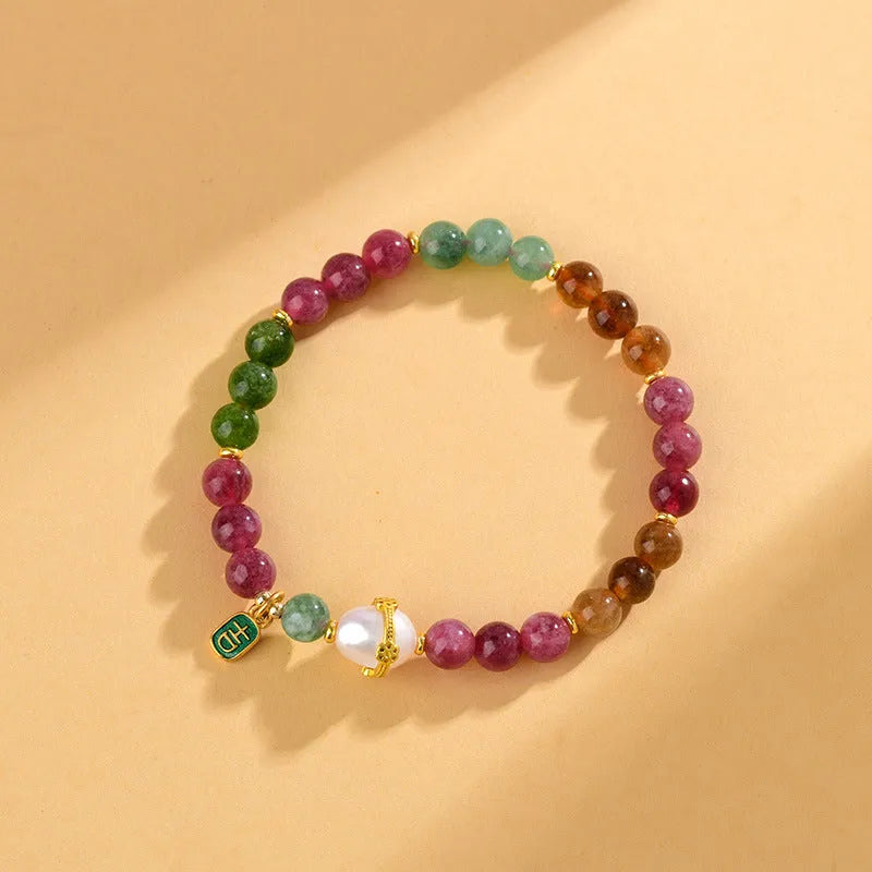 Geometric chalcedony bead bracelet with adjustable string closure in tourmaline colour