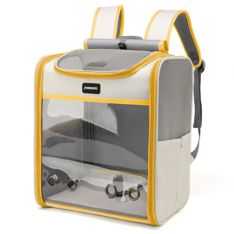 Portable pet backpack in PVC Oxford with solid colour design, available in grey, yellow, green or colourful.
