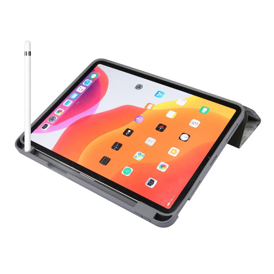 Tri-fold iPad case in dark grey imitation leather with a slot for an Apple Pencil