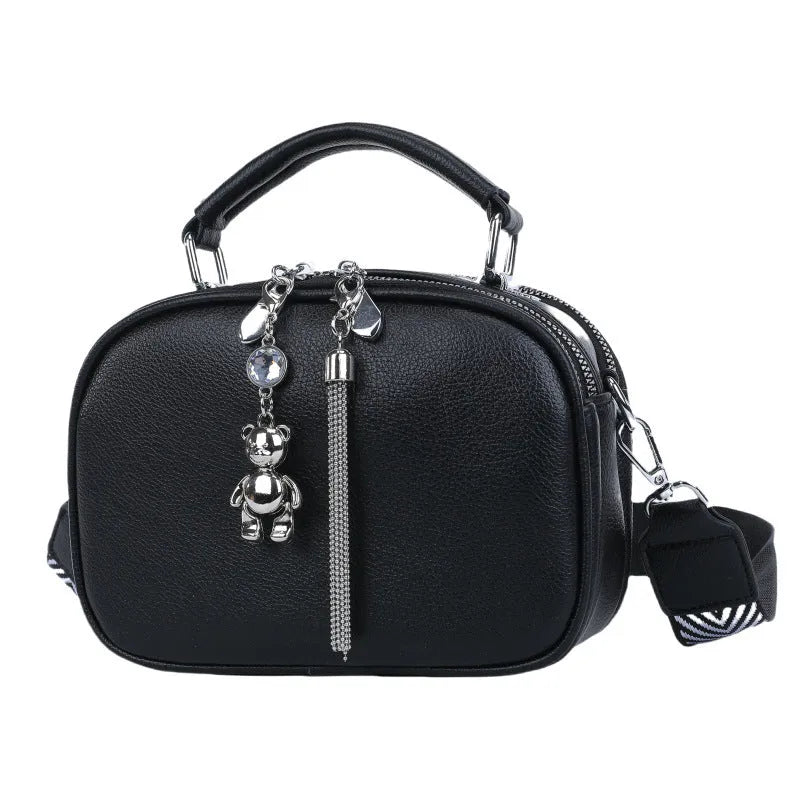 Women's stitching small square bag oval design showing mobile phone compartment and double shoulder straps