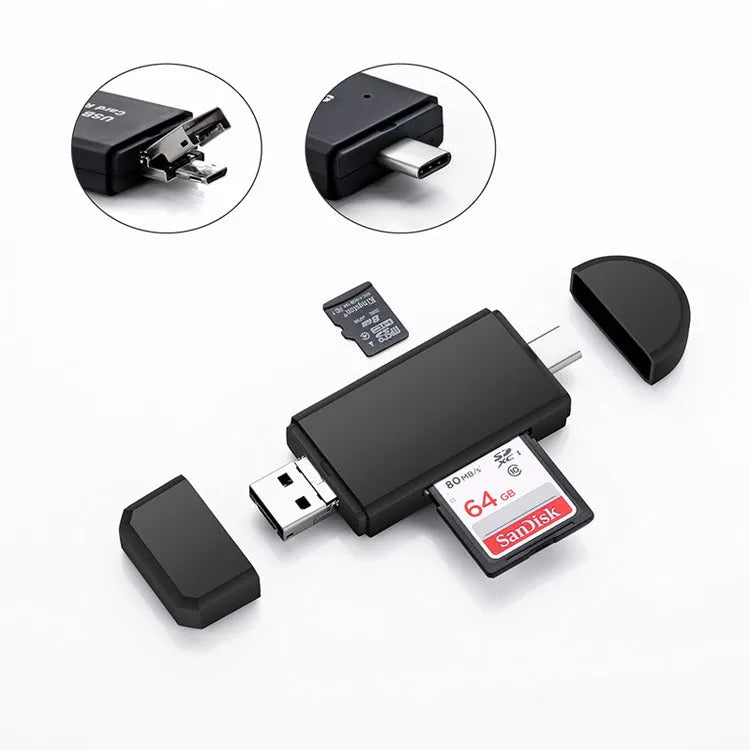 Black portable Type-C card reader with USB 2.0 interface, plastic body, 75x26x9mm