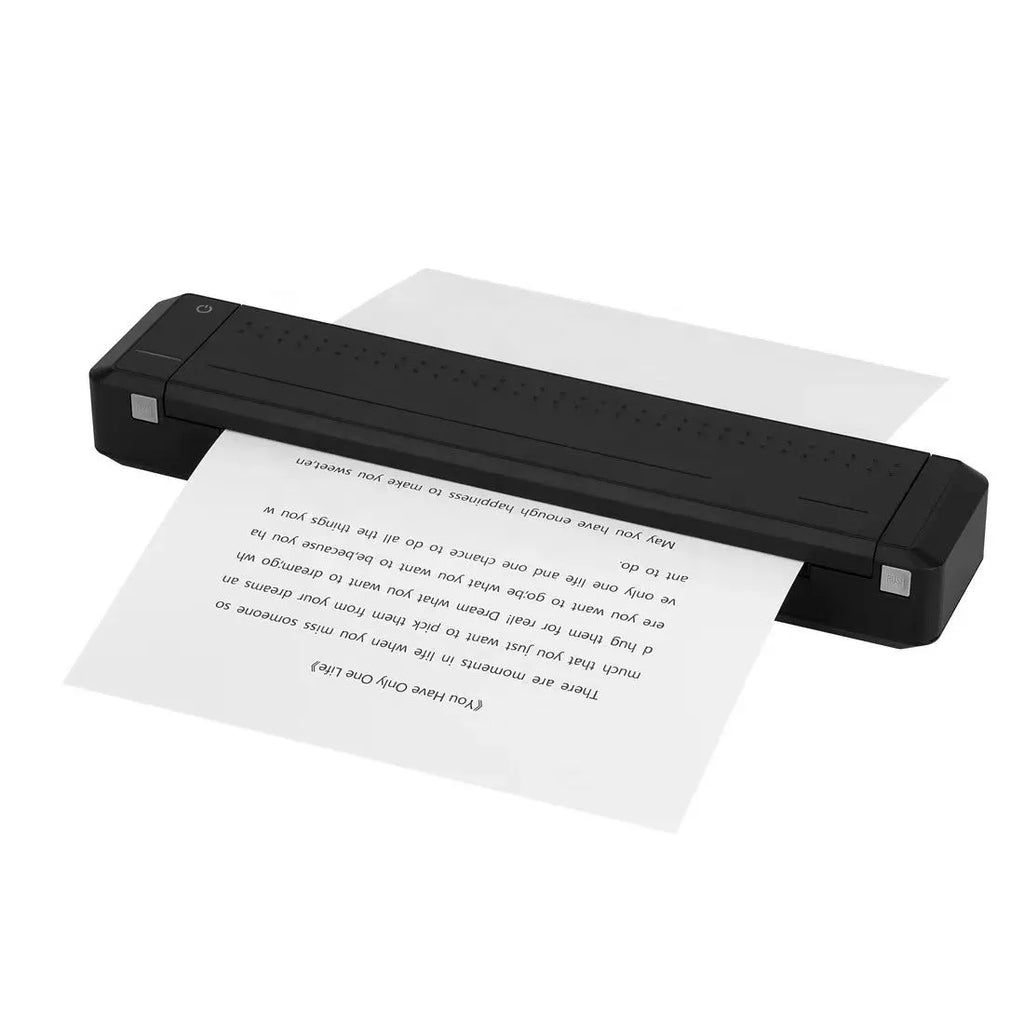 Black wireless Bluetooth A4 thermal printer, compact plastic body, USB Type-C, 198mm print width, 15mm/s speed