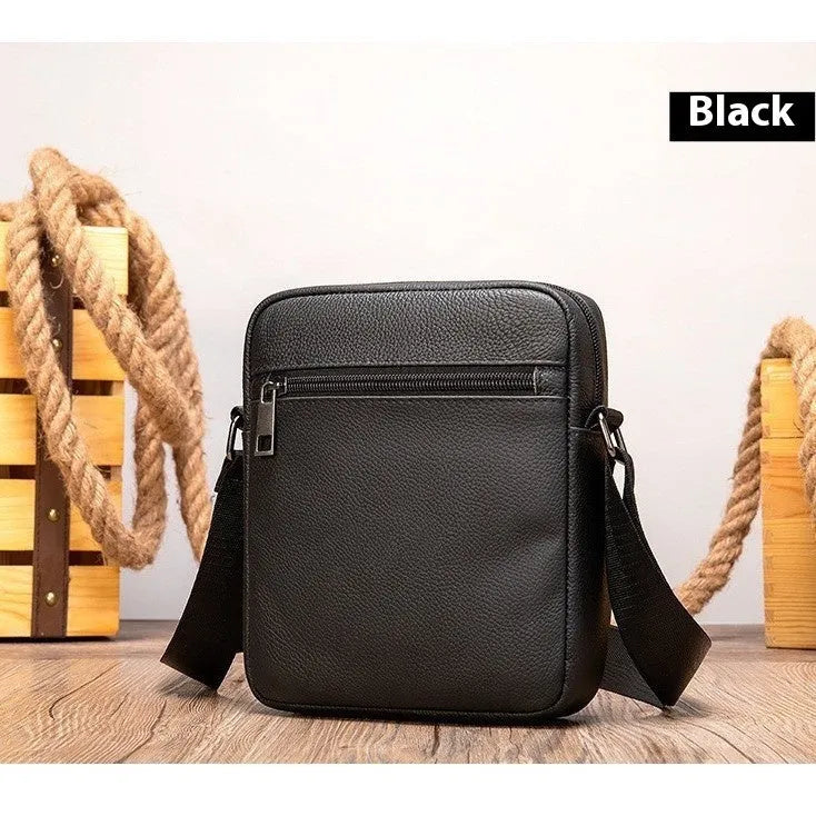 Men's black genuine leather shoulder bag with sewing thread detail, standard size