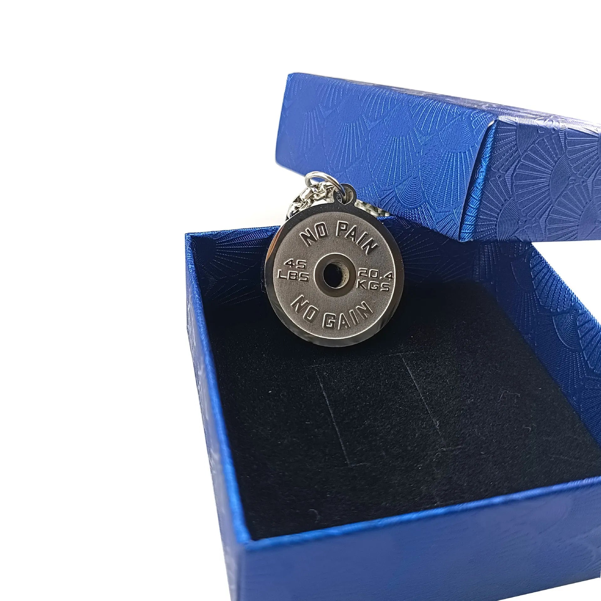 Stainless steel barbell disk necklace with geometric pendant on a choice of 60cm chain