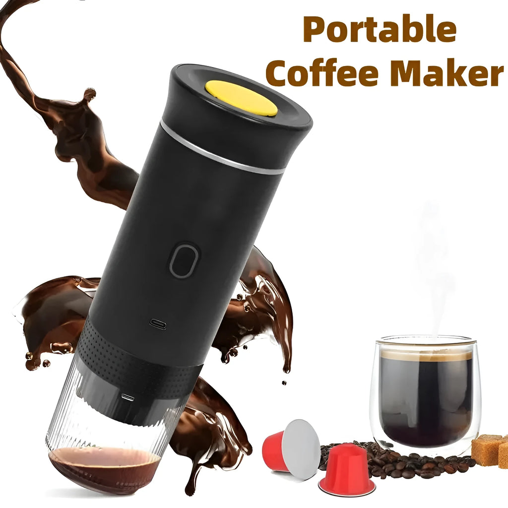Portable Italian espresso machine in black, showing main unit, USB-C cable, and box