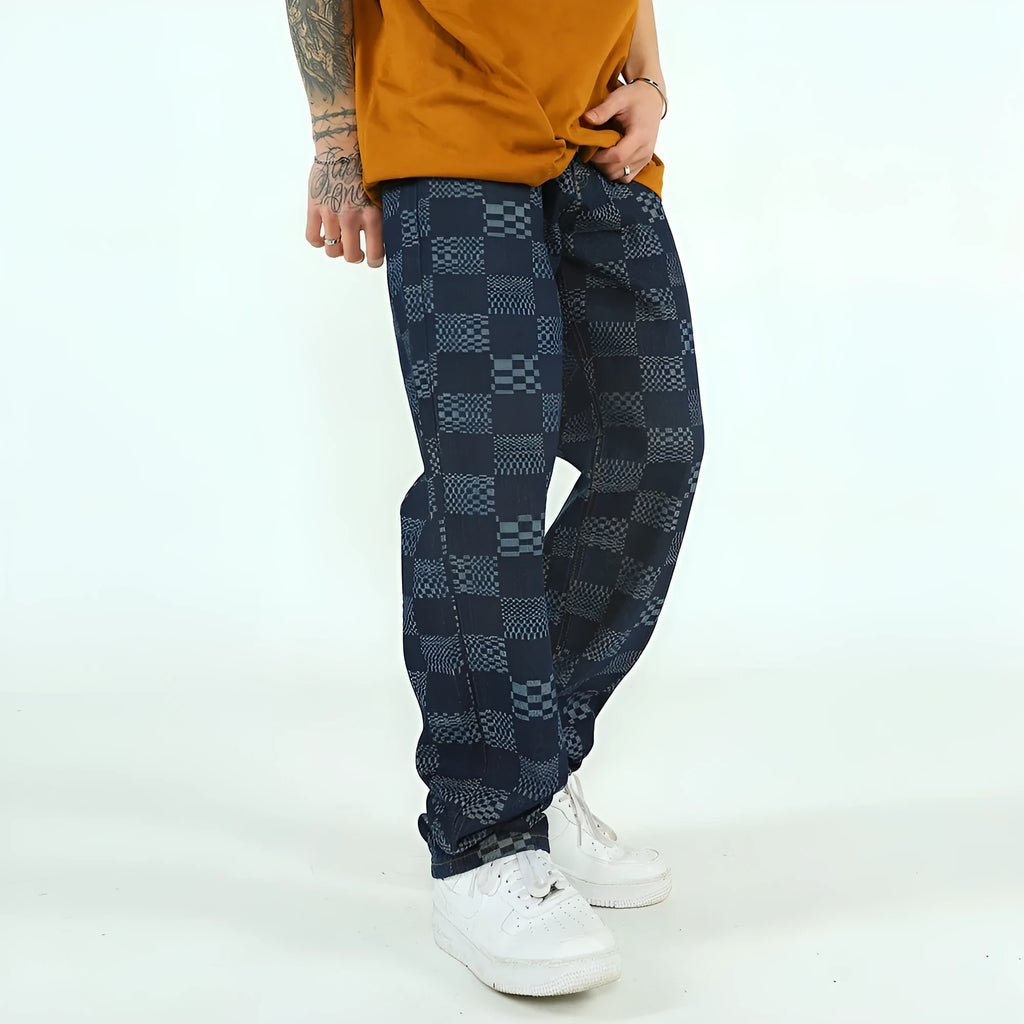 Men's checkerboard jacquard cotton trousers straight loose fit black colour