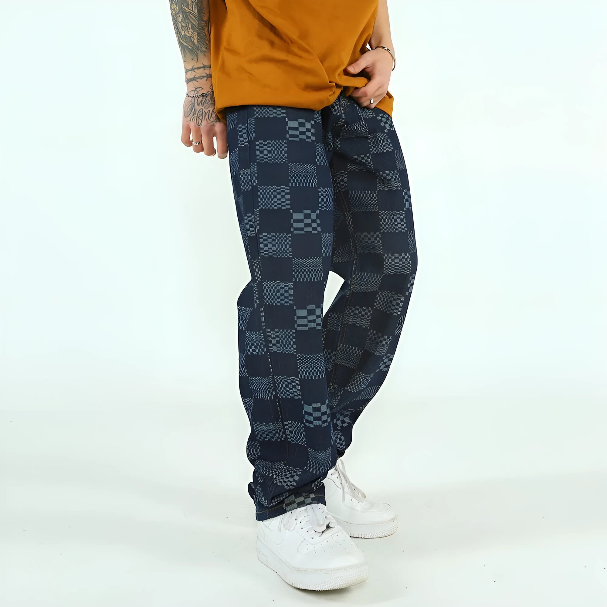 Men's checkerboard jacquard cotton trousers straight loose fit black colour