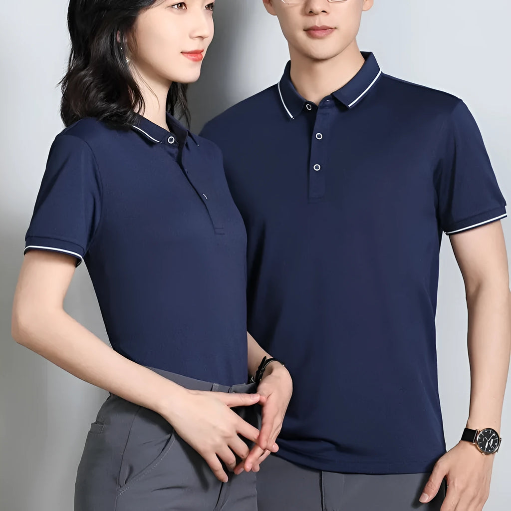 Beautician short-sleeved polo work shirt in cool silk cotton with asymmetric colour-block pattern