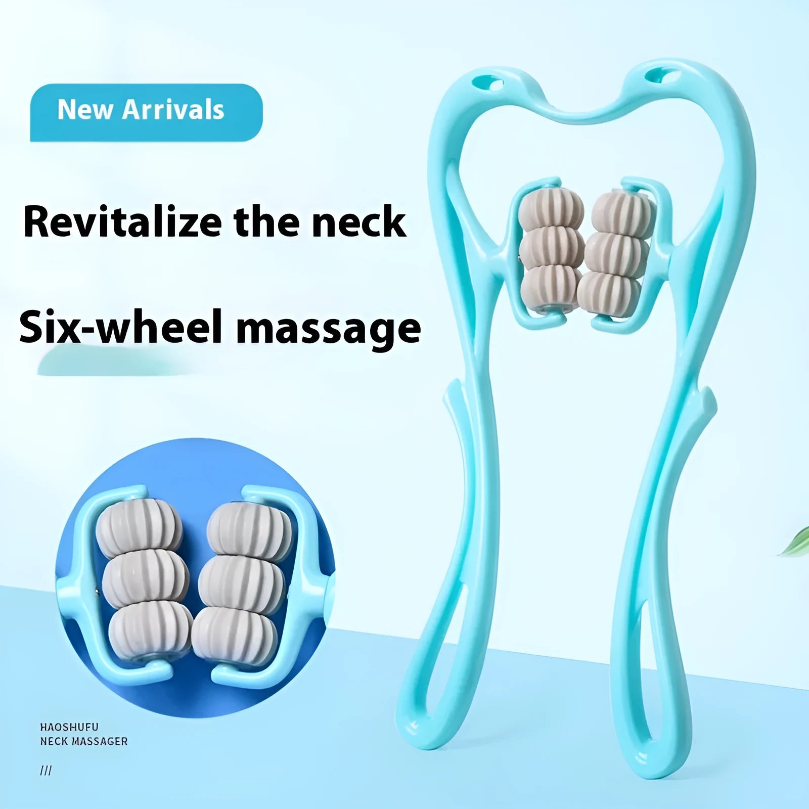 Blue U-shaped electric neck and shoulder massager with six rotating nodes on a table.