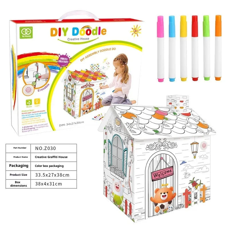 Handmade DIY three-dimensional carton paper model colour filling toy kit with graffiti castle design