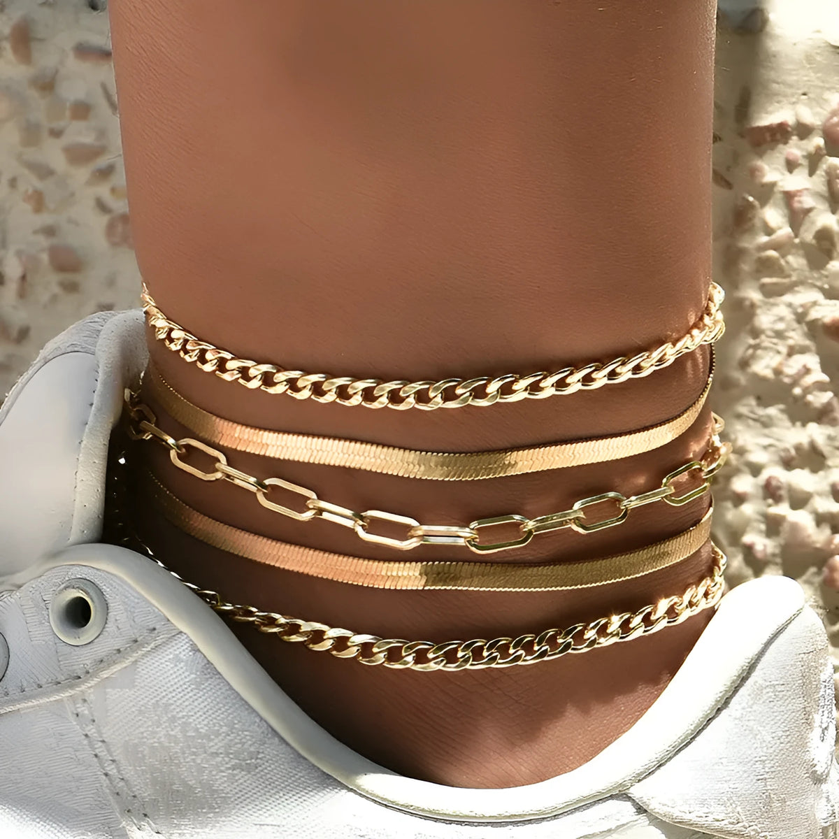 Multi-layer metal chain anklet set for women in gold and silver colours, 5pc set with 22cm chain and 5cm extension
