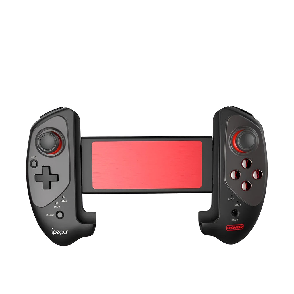 Red telescopic Bluetooth gamepad controller holding a smartphone for mobile gaming.