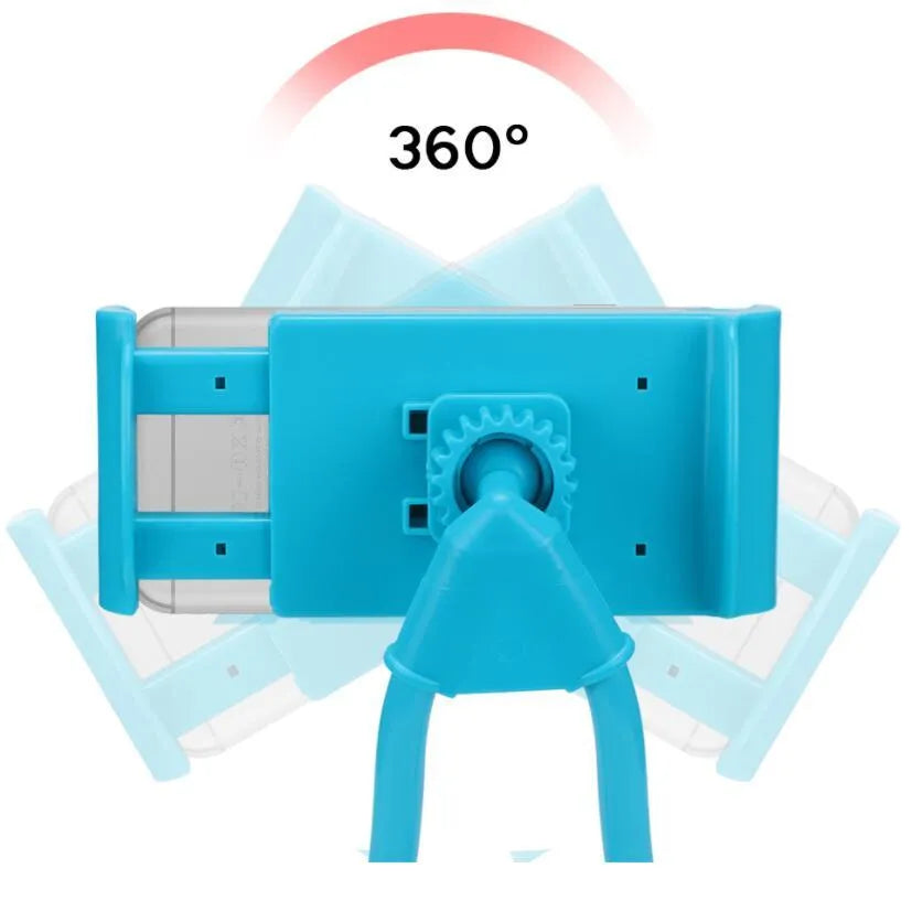 Universal 360-degree rotating phone holder bracket in various colours on a table.