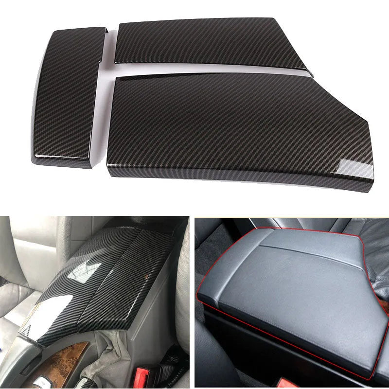 Three ABS carbon fibre pattern armrest box protective covers showing diagonal weave texture