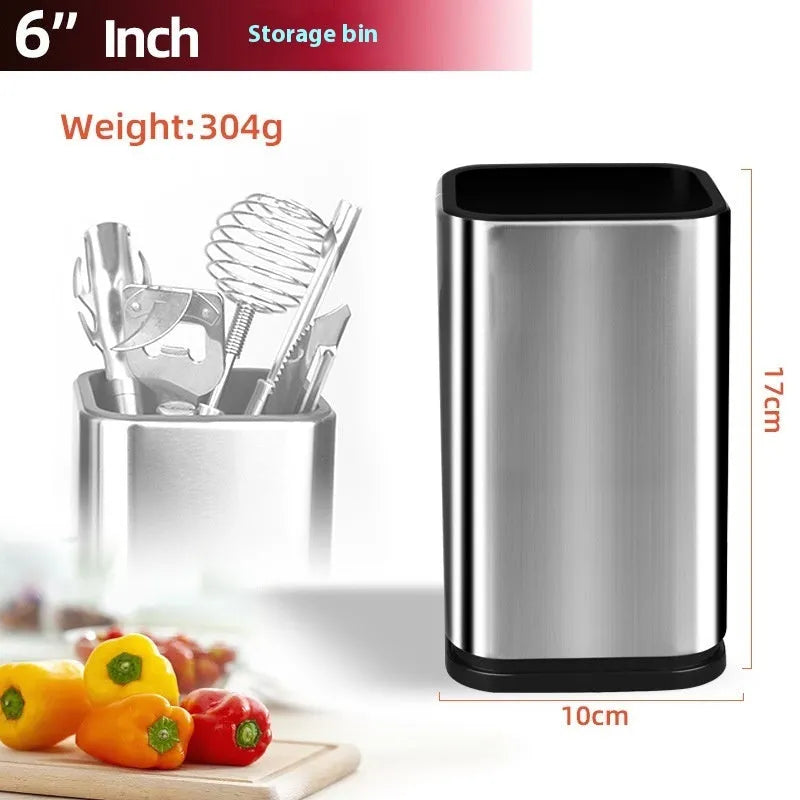 Black and white multifunctional kitchen knife holder with detachable base and storage bucket on a countertop.