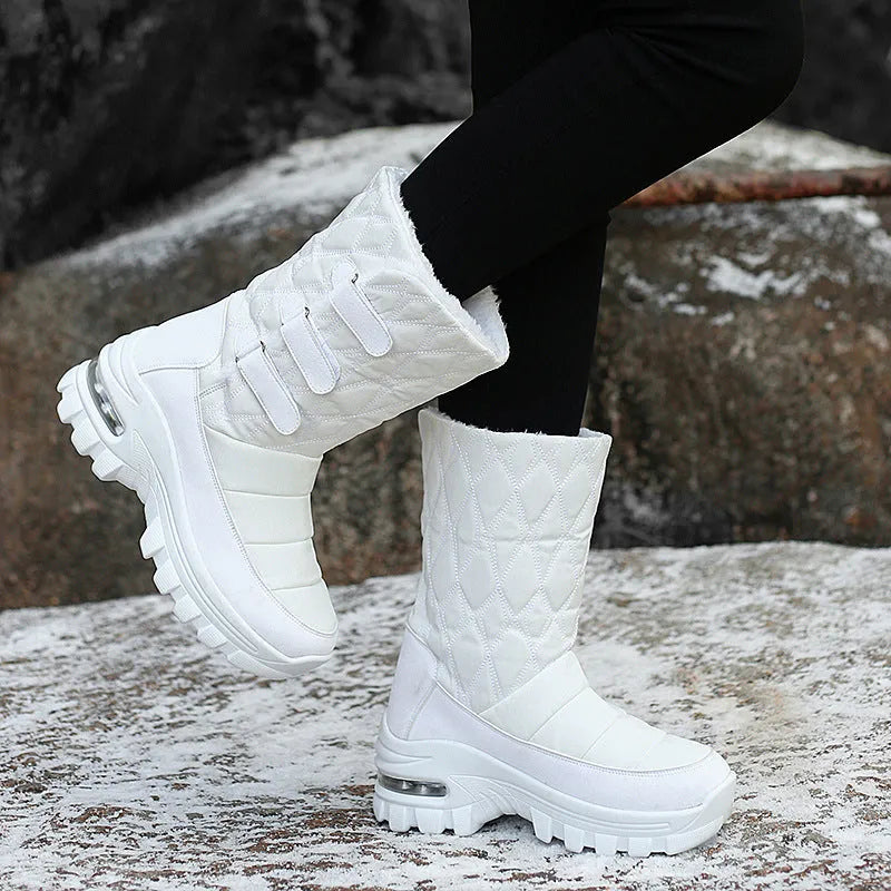 Women's outdoor plus velvet high top snow boots in black with white sole and Velcro strap