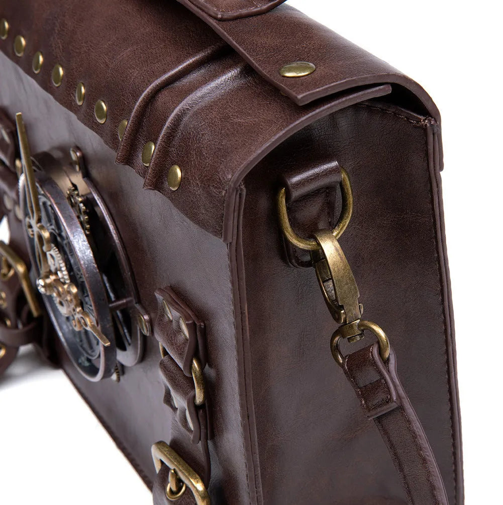 Bronze steampunk industrial retro shoulder bag with metal hardware in horizontal square pillow design