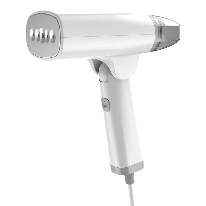 Blue and white handheld garment steamer with compact design and water tank