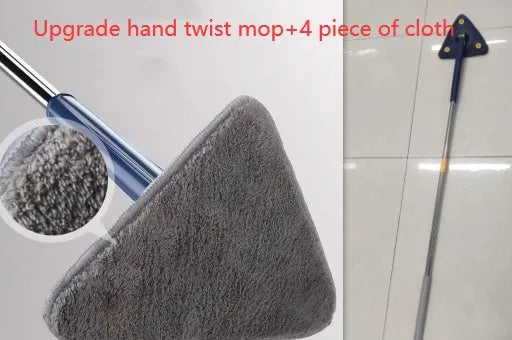 Extendable triangle mop with rotating blue head and adjustable stainless steel pole for corner cleaning